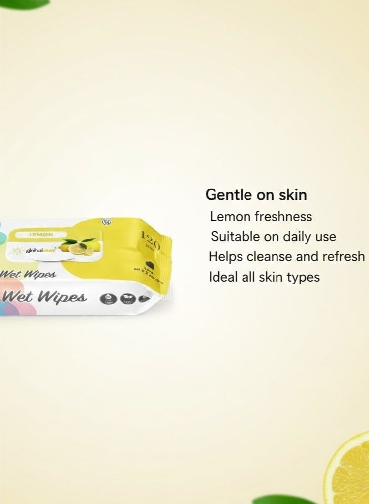 Globalstar Lemon Wet Wipes – 120pcs x 6, Alcohol-Free Moist Towelettes for Gentle Skin Care - Image 3